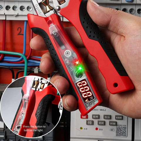 Premium Wiring Organization Tester Pliers With Type C Charging And NCV Detection, red ergonomic handles, digital voltage readout in use.
