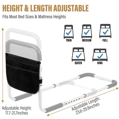 Heavy Duty Bed Rail For Seniors With Non Slip Foam Grip And Safety Strap showing adjustable height and length for bed sizes
