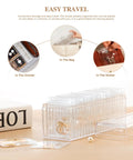 Clear Acrylic Jewelry Box Organizer With 20 Anti Tarnish Bags shown in use for travel storage, fits in drawer, bag, or wallet.
