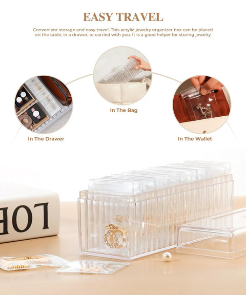 Clear Acrylic Jewelry Box Organizer With 20 Anti Tarnish Bags shown in use for travel storage, fits in drawer, bag, or wallet.