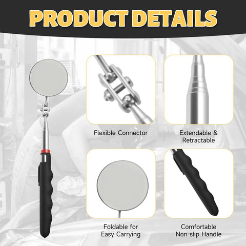Telescoping Inspection Mirror Set With 360 Degree Swivel Extendable To 30.5 Inches featuring flexible connector and non-slip handle