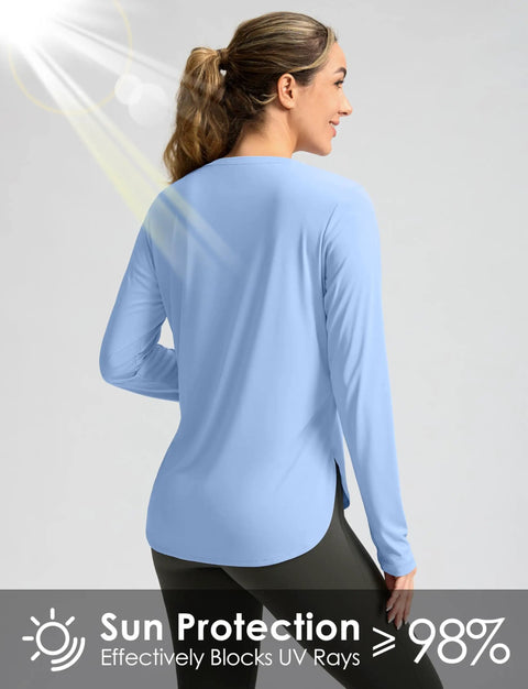 Back view of Women's UPF 50+ Long Sleeve Sun Shirt, Lightweight Quick Dry, UV Protection For Hiking And Outdoor Workouts, Haze Blue, XL