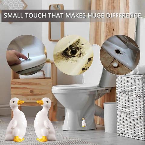 Duck Themed Toilet Bolt Covers Set Ceramic Duck Screw Caps for Bathroom Decor next to toilet with screw stain images.