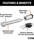 Stainless Steel Trailer Hitch Lock With Five-Eighth Inch Pin Diameter Fits Two-Inch Or Two And A Half-Inch Receivers Barbell-Style Locking Hitch Pin For Easy Reliable Security with dust cap and keys