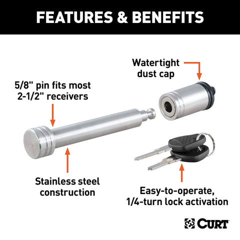 Stainless Steel Trailer Hitch Lock With Five-Eighth Inch Pin Diameter Fits Two-Inch Or Two And A Half-Inch Receivers Barbell-Style Locking Hitch Pin For Easy Reliable Security with dust cap and keys