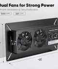 Front view of Beefy Crawl Space Vent Fan With Humidity Control And Thermostat 220 CFM 3000 RPM Dual Knobs For Speed And Humidity.