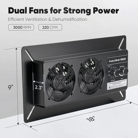 Front view of Beefy Crawl Space Vent Fan With Humidity Control And Thermostat 220 CFM 3000 RPM Dual Knobs For Speed And Humidity.