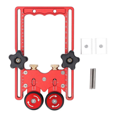 Bulletproof Table Saw Feeder Roller With 160 Millimeter Anodized Aluminum Housing Dual Bearing Assembly Kickass Wide Rubber Tires, top view of red roller guide.