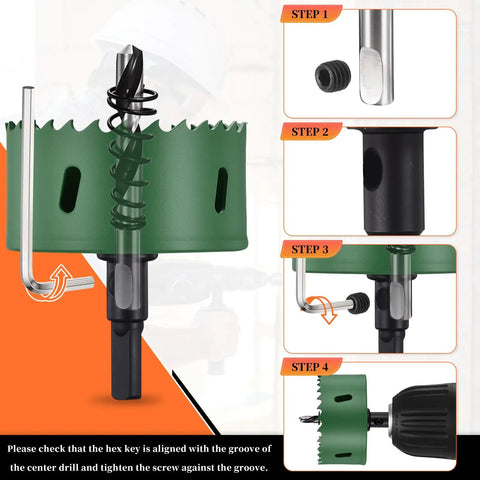Step-by-step installation of Heavy-Duty Metalixity Bi-Metal Hole Saw 8-7/8 Inch 225mm with pilot drill.