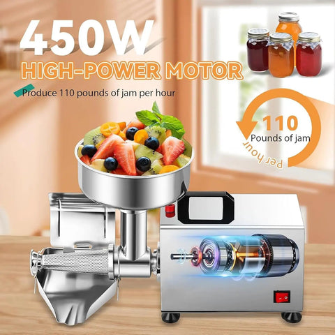 Heavy Duty Commercial Electric Tomato Strainer With Stainless Steel Food Press For Jam And Sauce Making High Power 370w Motor extracts juicy fruit puree from fruits in bowl.