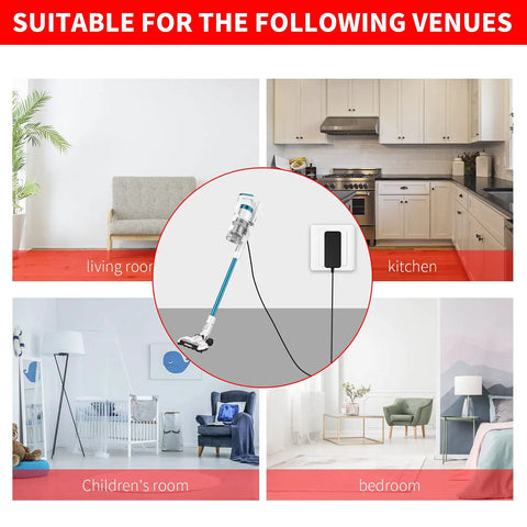 MC2805A Charger for Eureka RapidClean Pro Stylus in different home settings including living room, bedroom, and kitchen.
