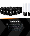 Aluminum Locking Lug Nuts Set With Black Finish M12x1.5 Thread 20 Pieces 7075T6 with socket and key displayed