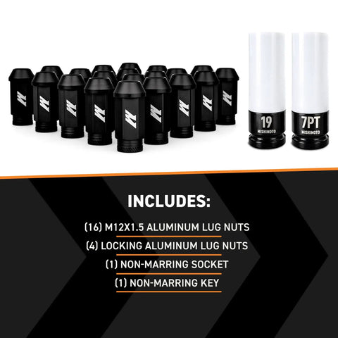 Aluminum Locking Lug Nuts Set With Black Finish M12x1.5 Thread 20 Pieces 7075T6 with socket and key displayed