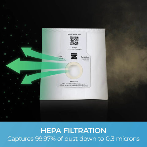 Type O HEPA Vacuum Bags For Upright Vacuums, 6 Pack That Fits Upright Cleaners Using Type O Bags, arrows showing filtration