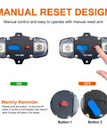 Manual reset design with manual reset arm for 100 Amp DC circuit breaker, showing on and off positions of reset buttons.
