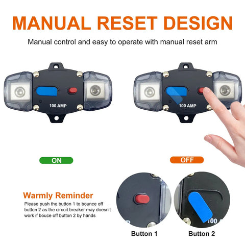 Manual reset design with manual reset arm for 100 Amp DC circuit breaker, showing on and off positions of reset buttons.