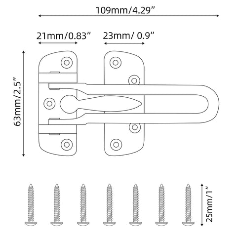 Heavy Duty Swing Bar Door Lock for front and interior doors dimensions and screws shown