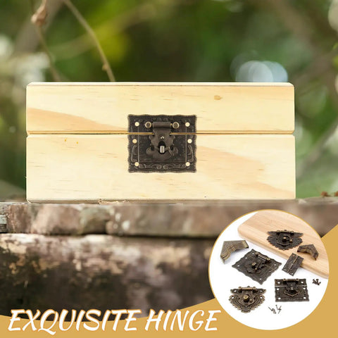 Top Shelf Antique Brass Jewelry Box Hardware Set Featuring Ornate Latches Rock Solid Hinges Rustic Carry Handle on wooden box.