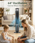 Stay Cool Without The Noise Using This Bladeless Tower Fan Packed With Swift Oscillation And Handy Remote Controls And Rapid Speeds That Truly Slap For Bedroom Chill And Dorm Vibes Or Office Grind Today Black, 64° oscillation in a living room setting with family.
