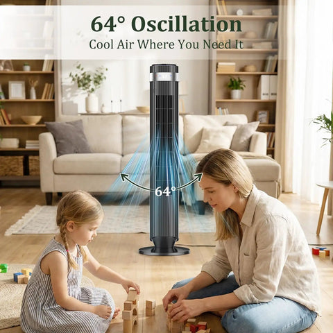 Stay Cool Without The Noise Using This Bladeless Tower Fan Packed With Swift Oscillation And Handy Remote Controls And Rapid Speeds That Truly Slap For Bedroom Chill And Dorm Vibes Or Office Grind Today Black, 64° oscillation in a living room setting with family.