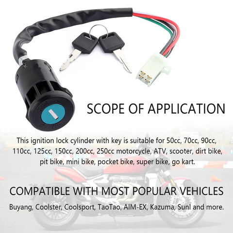 Four Pin Ignition Switch With Key For 50cc To 250cc Motorcycles Scooters ATVs Pocket Bikes And Dirt Bikes with two keys