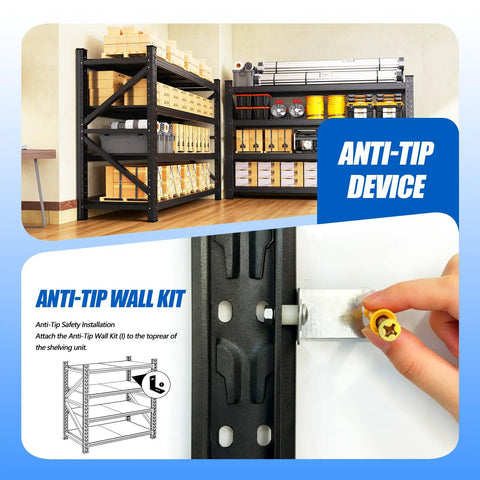 Anti-tip wall kit installation on Heavy Duty Bulletproof Four Tier Steel Storage Shelves For Garage And Workshop With Wide 79 Inch Base.