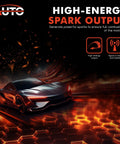Futuristic car emits high-energy spark output, illustrating auto performance feature for powerful ignition control.