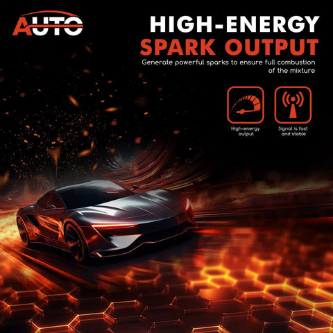 Futuristic car emits high-energy spark output, illustrating auto performance feature for powerful ignition control.