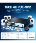 16CH 4K PoE NVR Security Dome Camera System with 16 ports, mouse, and three dome cameras for comprehensive surveillance setup.