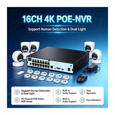 16CH 4K PoE NVR Security Dome Camera System with 16 ports, mouse, and three dome cameras for comprehensive surveillance setup.