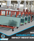 Hardcore Eight Inch By Two Inch Heavy Duty Casters Featuring High Temp Phenolic Wheels And Precision Rollers Built Badass Enough To Handle Warehouse Pallets Weighing Five Thousand Six Hundred Pounds Non Marking Set Of One Hundred mounted on glass transport carts in a warehouse setting.