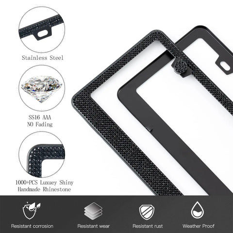 Two Pack Premium Stainless Steel Rhinestone License Plate Frame For Women Glitter Crystal Diamond Bling License Plate Holder Handmade Sparkly Black Tag Cover No State Name Covered Bedazzled Shine, showing close-up of rhinestone details and stainless steel material, emphasized durability icons below.