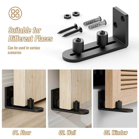 Sliding Barn Door Bottom Floor Guide With Wall Mounted Rollers, Adjustable Stay Roller And Ball Bearings, Flat Bottom Design