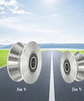 Stainless Steel Sliding Gate Wheel With V Groove Roller, 3-inch and 2-inch sizes, for beefy heavy duty gates and garage doors.