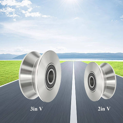 Stainless Steel Sliding Gate Wheel With V Groove Roller, 3-inch and 2-inch sizes, for beefy heavy duty gates and garage doors.