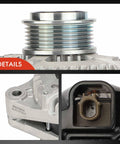 Detailed view of Alternator For Honda Pilot 2016 To 2022 Odyssey 2018 To 2023 Ridgeline 2017 To 2023 Passport 2019 To 2023 And Acura MDX 2014 To 2020 With 3.5L V6 12V 155A 6 Groove Clockwise Pulley Internal Fan Replacement Part Plug And Play showing pulley and connectors.