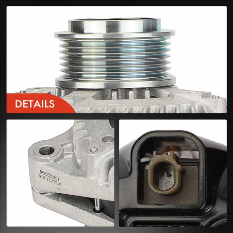 Detailed view of Alternator For Honda Pilot 2016 To 2022 Odyssey 2018 To 2023 Ridgeline 2017 To 2023 Passport 2019 To 2023 And Acura MDX 2014 To 2020 With 3.5L V6 12V 155A 6 Groove Clockwise Pulley Internal Fan Replacement Part Plug And Play showing pulley and connectors.