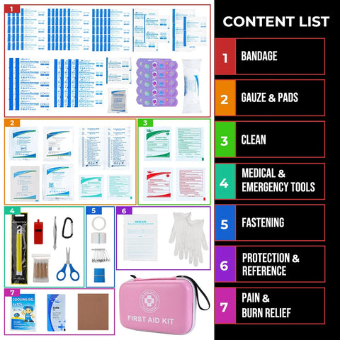 Pink hard-shell first aid kit with 305 pieces; compact emergency kit for home, car and travel.