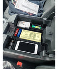 Center Console Organizer Tray For Full Size Trucks Fits Silverado 1500 Sierra 2500HD 3500HD With Bucket Seats Black Durable ABS Plastic Easy Install In Cabin Storage Boost For Your Ride showing organized items