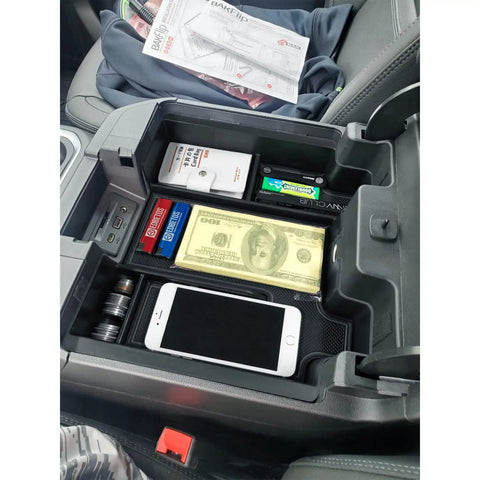 Center Console Organizer Tray For Full Size Trucks Fits Silverado 1500 Sierra 2500HD 3500HD With Bucket Seats Black Durable ABS Plastic Easy Install In Cabin Storage Boost For Your Ride showing organized items
