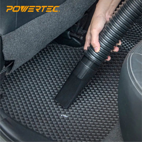 Two And A Quarter Inch Dust Collection Flexible Hose Kit With Screw End Fittings in use on car floor mat