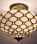 Tiffany Style Cream Amber Stained Glass Ceiling Light Fixture 12 Inch Semi Flush Mount With Antique Green Bronze Base And 11 Inch Height