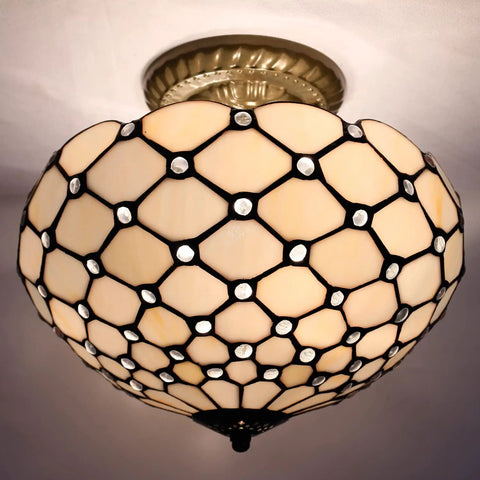 Tiffany Style Cream Amber Stained Glass Ceiling Light Fixture 12 Inch Semi Flush Mount With Antique Green Bronze Base And 11 Inch Height