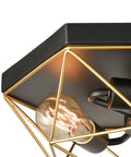 Close-up of Brass Industrial Flush Mount Ceiling Light 3 Light Square Cage Fixture in Black and Gold, showing bulb and cage design.