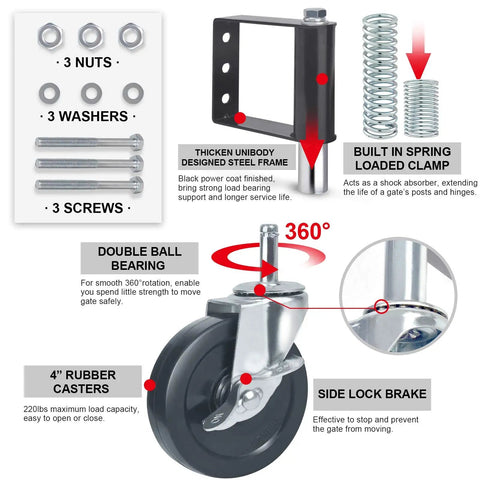 Spring Loaded Gate Wheel For Wooden And Metal Tube Swing Gates Quiet Heavy Duty Gate Caster With Brake 4 Inch Smooth Rolling Gate Rollers For Fence Vinyl And Farm Gates 220 Lb Capacity 2 Pack Black, showing components and features such as 360º rotation and side lock brake.