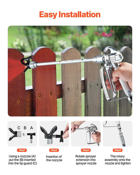 Pro Move Airless Paint Spray Gun And Hose Kit Featuring 3600 PSI Pressure Rating, using an extension rod on a fence.