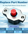 Top Shelf 50 Amp Push Button Circuit Breaker Heavy Duty build with red button for marine motors, part numbers shown