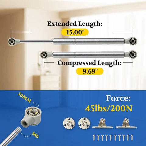 Soft Close Toy Box Hinges 200N Hydraulic For Wooden Chest Two Pack with measurements and installation parts shown