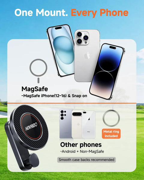 Heavy Duty Magnetic Golf Cart Phone Mount With Cup Hook Locks Your MagSafe iPhone Down Tight On Bumpy Fairways showing compatible phones.
