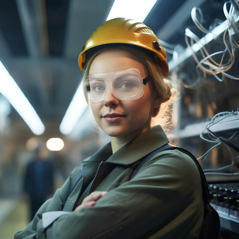 Person wearing hard hat and 50 Pairs Safety Goggles Anti Fog Anti Scratch Eye Protection Clear Lens Lightweight Eyewear For Science Lab Chemistry And Construction Dust Proof Protective Glasses in industrial setting.